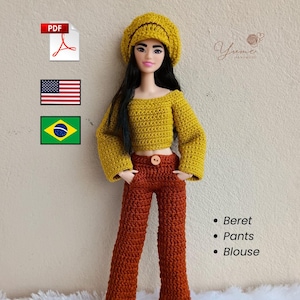 Crochet Barbie Outfit Pattern PDF | Easy Doll Clothes Pattern | Pants, Blouse and Beret Set | Step-by-Step Photos | DigitalDownload