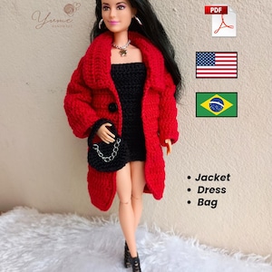 Patrón de ropa para muñeca Barbie: chaqueta, vestido y bolso | Patrón fácil en PDF | Patrón de ganchillo para ropa de Barbie | Fotos paso a paso