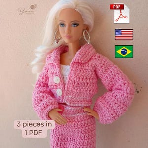 May include: A doll in a pink crochet three-piece outfit: a jacket, top, and skirt. The jacket has three white buttons. The doll has blonde hair and hoop earrings. The image includes the text "3 pieces in 1 PDF".