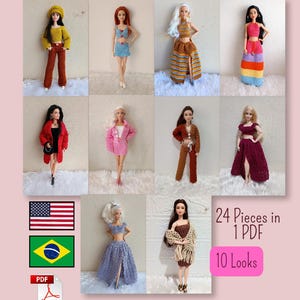 Pode incluir: Uma coleção de dez bonecas vestindo várias roupas de crochê, incluindo tops, saias, calças e jaquetas em cores como amarelo, azul, marrom, rosa, vermelho e roxo. A imagem inclui o texto 24 Pieces in 1 PDF e 10 Looks.