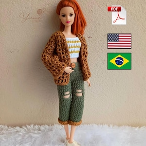 3-in-1-Häkelanleitung für Barbie-Kleidung – Strickjacke, Crop-Top und Hose (PDF)