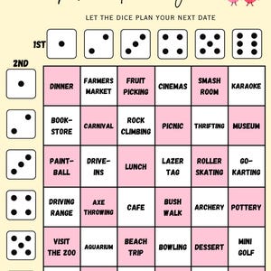 May include: A Mini dates dice game chart on a pale yellow background with two pink heart characters. The grid features dice icons on the top and left sides, with a 6x6 matrix of pink and white squares containing various date activity suggestions.