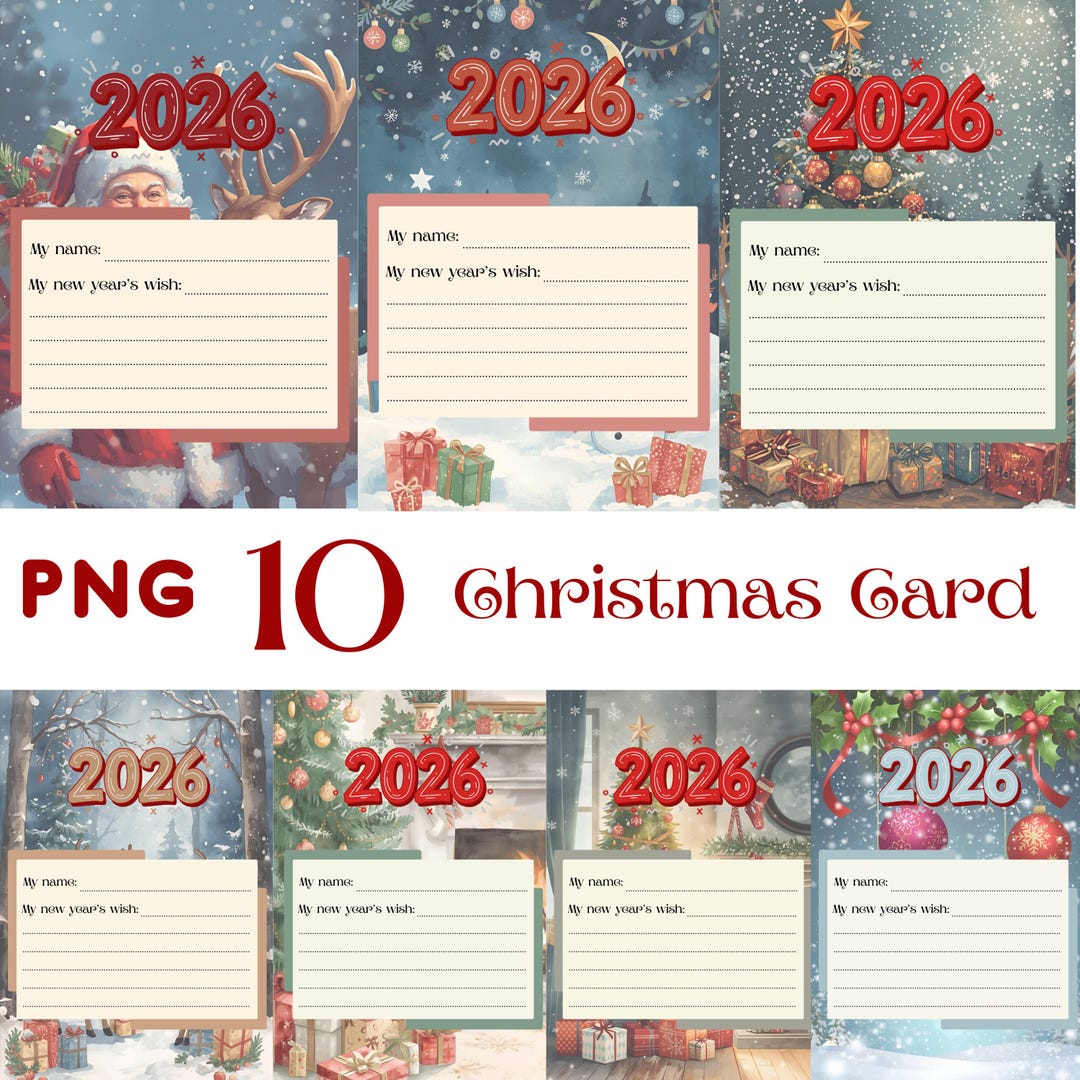 2026 Christmas Card Set 10 PNG Printable Holiday Cards New Year Boxed Christmas Cards 2026