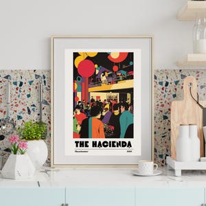 Manchester Art Print - Ilustración de fiesta - Cartel de Madchester - Cartel del club - Decoración de bar - Ilustración de Hacienda