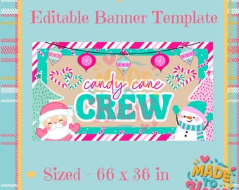 Puede incluir: Plantilla de banner rectangular con fondo de cuadros azul claro. El banner presenta el texto "Editable Banner Template" y "Candy Cane Crew" con gráficos navideños. El banner mide 168 x 91 cm.
