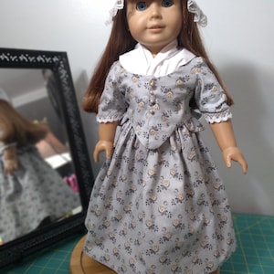 4 piece Elizabeth in sage gray skirt, jacket, fichu and cap fits 18 inch dolls #