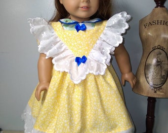 Roses in blue and yellow dress and yellow pinafore fits 18 inch dolls #