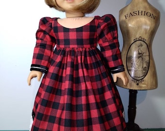 Black and red check Regency long sleeve dress fits 18 inch dolls # 824