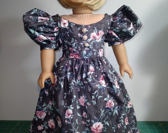 Charcoal gray with mauve rose print victoria style dress  fits 18 inch dolls #