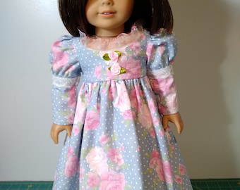 Soft blue pink rose Regency long sleeve dress fits 18 inch dolls # 901