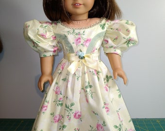 Yellow with pink rose print victoria style dress  fits 18 inch dolls #