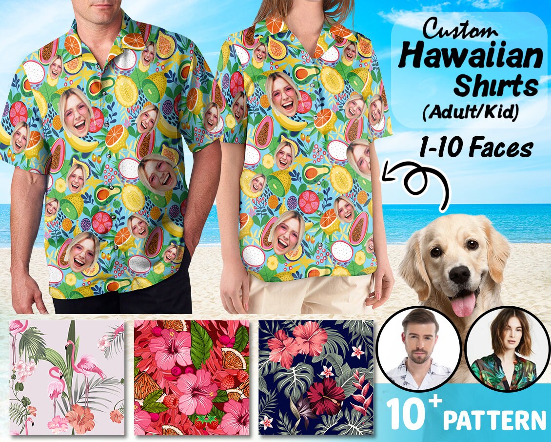 Kleding Herenkleding Overhemden & T-shirts Oxfords & Buttondowns Dogs Cats Pets Faces Hawaiian Shirt Personalized Man's Hawaii Shirt with Face 1-10 Different Photos on Shirt Custom Face Shirts 