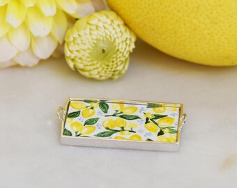 Sterling Silver Miniature Tray with Hand Painted Lemon Design, Dollhouse Miniature 1:12 1/12 Scale, Acrylic on Wood with Sterling Silver