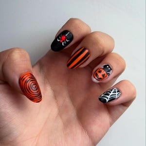 Halloween Nailart Saisonale Press On Nägel: Schwarze und Orange Gel, Kürbis und Katze, Wiederverwendbar