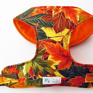 Könnte beinhalten: Ein Hundegeschirr mit orangefarbenem Futter und einem Herbst-Stoff mit bunten Blättern in Rot-, Orange-, Gelb- und Grüntönen.