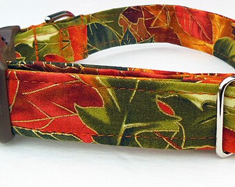 Fall Leaf Metalic Adjustable Dog Collar - Made to order -