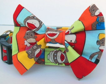 Sock Monkey Bow Tie Dog Collar - Made to order-