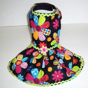 May include: A black dog dress with a colourful floral print. The dress has a green trim and a pink flower button.