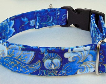 Blue and Gold Metalic Flower Adjustable Dog Collar - Made to Order-