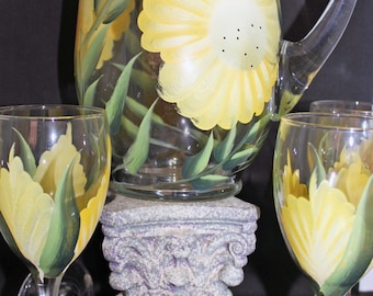 Hand Painted Glass Pitcher and Glasses Set 5 pieces Yellow Flowers. Wedding, Shower Gift