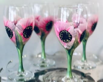 Hand Painted Glass Pitcher set w/ 5 glasses , Set 6 pieces Pink Flowers. Wedding, Shower Gift