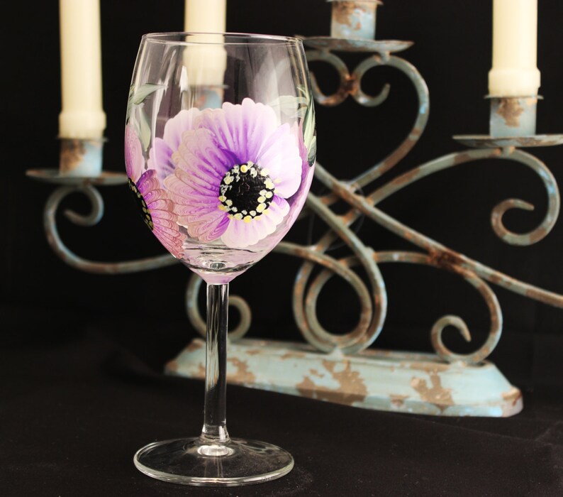 Custom painted, Hand painted wine glass, Stemware, 1 Hand Painted Floral Wine Glass, Bridesmaid Birthday Gift, Free Personalization image 1