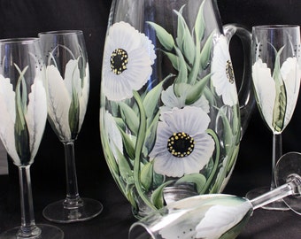 Hand Painted Glass Pitcher and Glasses Set 5 pieces White Flowers. Wedding, Shower Gift