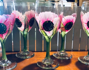 Hand Painted Glasses Pink Flowers. Wedding, Shower Gift