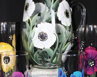 Hand Painted Glass Pitcher and Glasses Set 5 pieces White Flowers. Wedding, Shower Gift