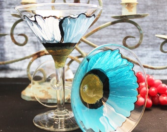 Wild Poppy Painted Martini Glasses, (1) Hand painted Flowers,
