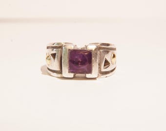 John Atencio Amethyst Ring Sterling Silver 18K Gold Accents Signed JA Designer US5 size