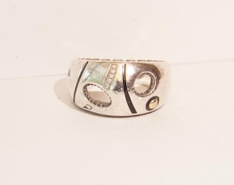 John Atencio Signed Sterling Silver Ring Gold Accent Wide Openwork US 5