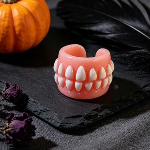 May include: A ring featuring a pink, gum-like band with two rows of white, pointed teeth. The design is circular with an open back, showcasing a smooth, glossy finish on the pink base and individual, distinct white teeth arranged in a row.