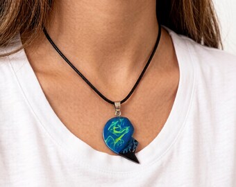 Interlocking Aurora Opal Heart Pendants: Eucalyptus Wood Couple's Necklace