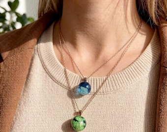 Handmade Wood Resin Necklace: Northern Lights, Real Flowers
