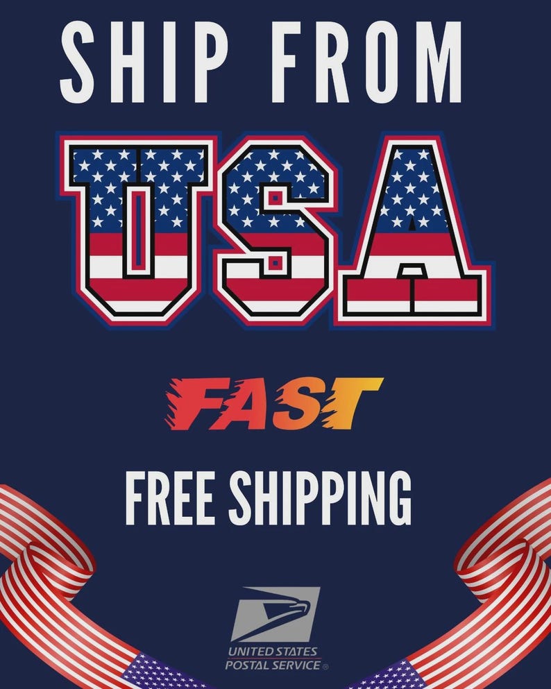 May include: A navy blue graphic with the words "SHIP FROM USA" in white. The word "USA" is designed with the American flag. Below, the words "FAST FREE SHIPPING" are in orange and white. The United States Postal Service logo is at the bottom.