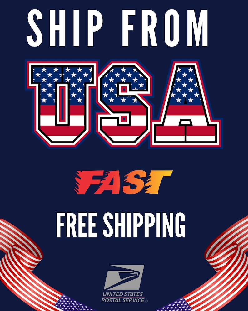 May include: A navy blue graphic with the words "SHIP FROM USA" in white. The word "USA" is stylized with the American flag design. Below, the words "FAST" and "FREE SHIPPING" are displayed. The United States Postal Service logo is at the bottom.