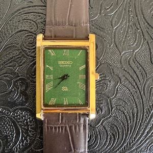 Vintage Seiko Tank Watch: Green Dial, Silver Plated (new