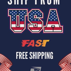 May include: A navy blue graphic with the words "SHIP FROM USA" in white. The word "USA" is designed with the American flag. Below, the words "FAST FREE SHIPPING" are in orange and white. The United States Postal Service logo is at the bottom.