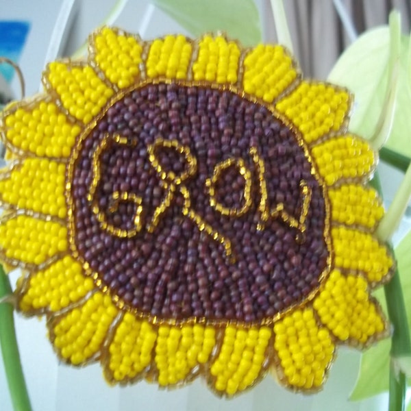 Grow, Beaded Sunflower Barrette, Hair Jewelry, Czech seed beaded french barrette, upcycled, woven, bead embroidery, bead weaving, adornment