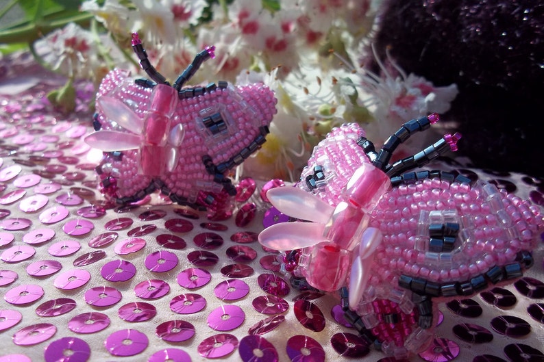 Pink Beaded Butterfly Barrettes, Seed Bead Butterfly Barrette, Beaded Barrette, Heavenly Hair Adornment, Bead Art, 2, pair image 2