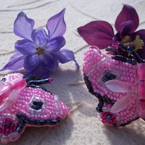 Pink Beaded Butterfly Barrettes, Seed Bead Butterfly Barrette, Beaded Barrette, Heavenly Hair Adornment, Bead Art, 2, pair image 1