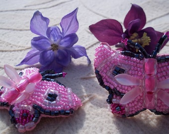 Pink Beaded Butterfly Barrettes, Seed Bead Butterfly Barrette, Beaded Barrette, Heavenly Hair Adornment, Bead Art, 2, pair