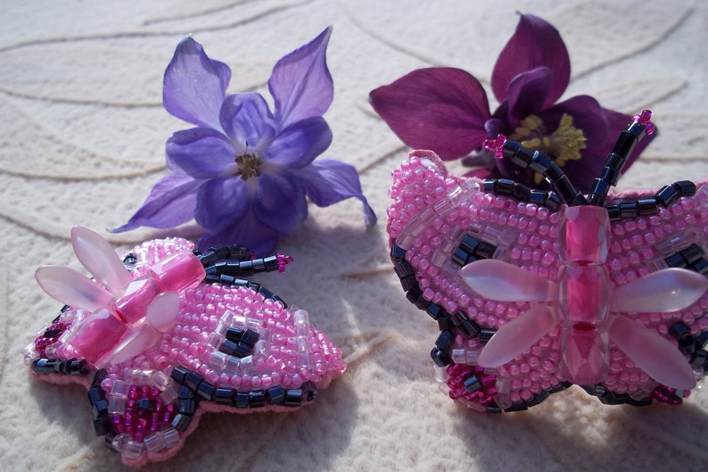 Pink Beaded Butterfly Barrettes, Seed Bead Butterfly Barrette, Beaded Barrette, Heavenly Hair Adornment, Bead Art, 2, pair image 1