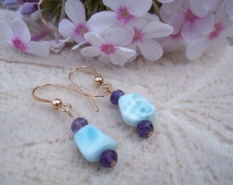 Larimar Earrings,Uplift and Motivate, Healing Stone Jewelry, larimar amethyst earrings, 14k gold filled earrings, Natural Gemstone Synergy