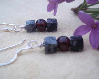 Grief Be Gone, Garnet Snowflake Obsidian Earrings in Sterling Silver, Healing Stone, Wire Wraped Earrings, Ready to Ship, Black, Deep Red