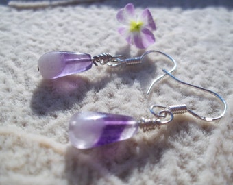 May include: A pair of silver earrings with teardrop-shaped purple and white stones.