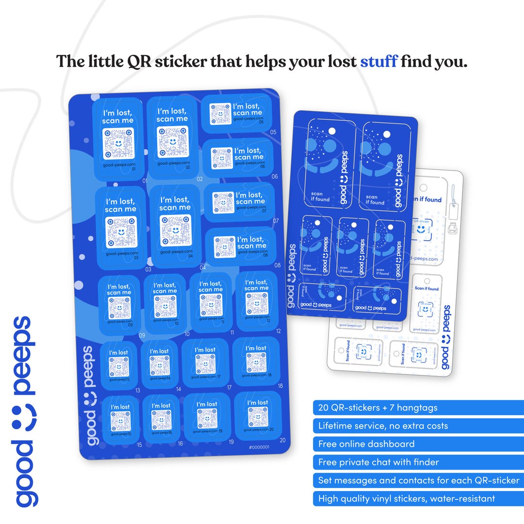 20 Blue Good Peeps Lost & Found Stickers and Tags - QR Labels for Water ...