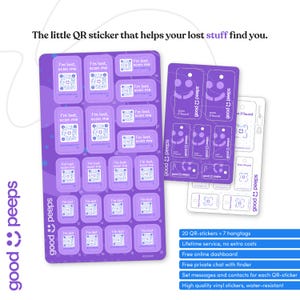 May include: A sheet of 20 purple QR code stickers with the text "I'm lost, scan me" and the brand name "good peeps". The stickers are designed to help find lost items. The image also shows 7 hangtags with the same design and the text "good peeps".
