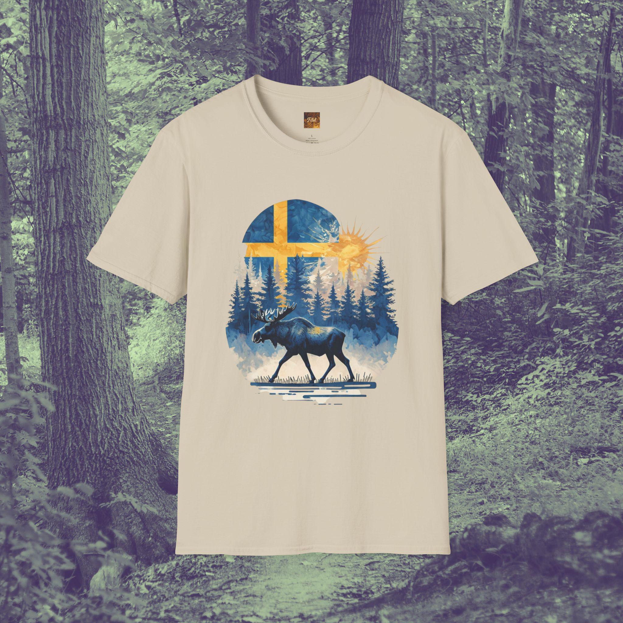 Swedish Moose Flag Forest Unisex Softstyle T-Shirt, Sweden Nature Tee, Scandinavian Graphic Shirt, Nordic Wildlife Top, Swedish Pride